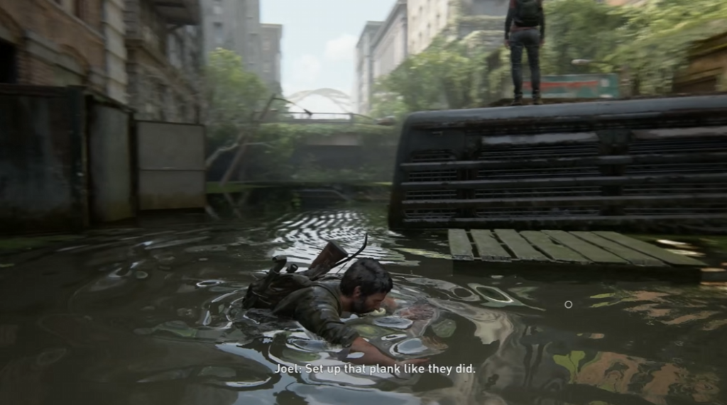 Джоэл из The Last of Us плывет в затопленной улице