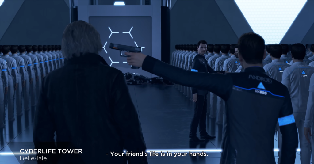 Коннор Detroit: Become Human целится пистолетом в CyberLife Tower