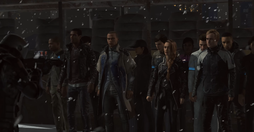 Андроиды Detroit: Become Human стоят под снегом на улице