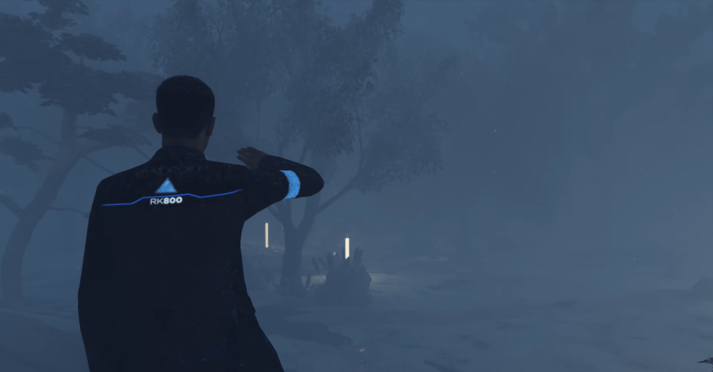 Коннор из Detroit: Become Human идет в тумане леса