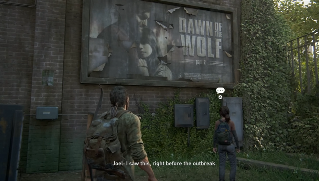 Джоэл и Элли смотрят афишу Dawn of the Wolf