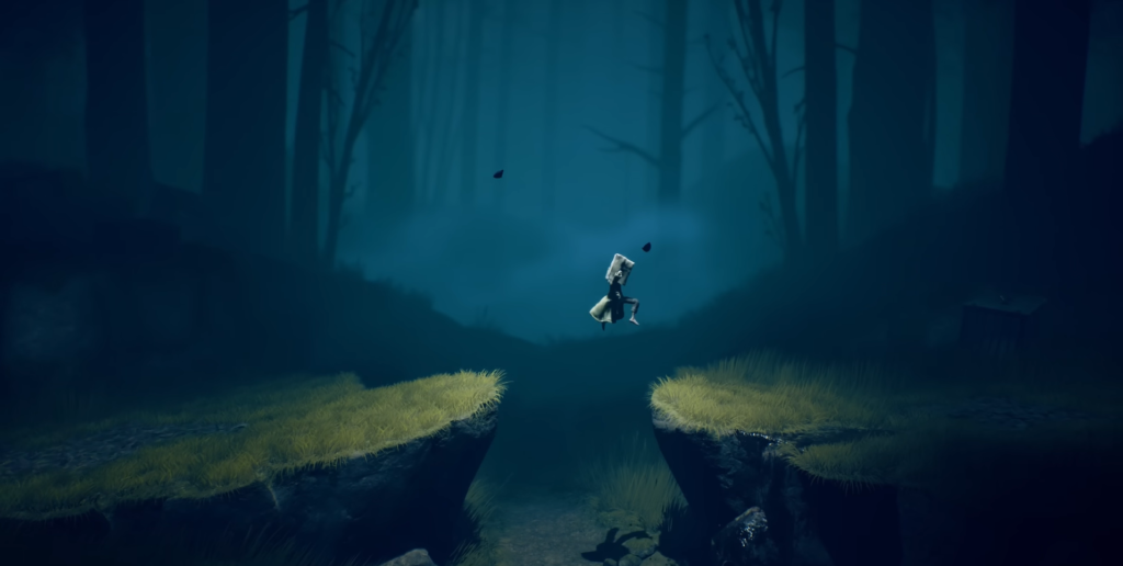 Six из Little Nightmares 2 прыгает над пропастью в лесу
