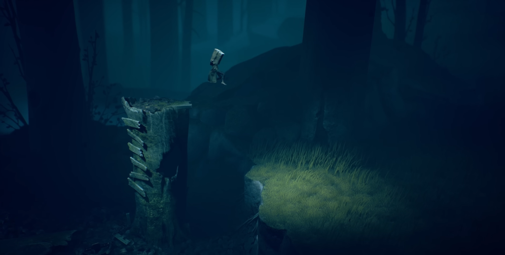Шестой прыгает над пропастью в лесу Little Nightmares II