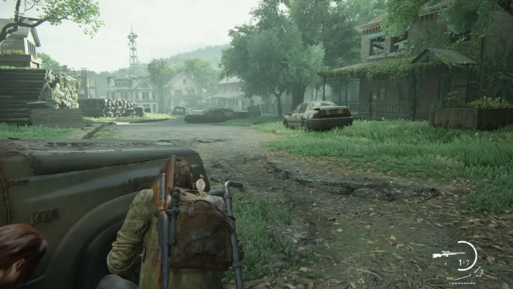 Элли из The Last of Us прячется на улице