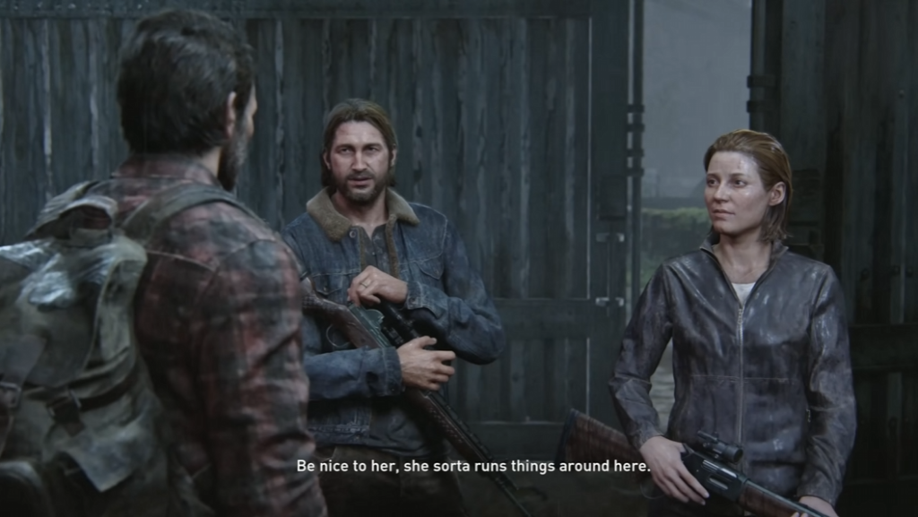 Джоэл разговаривает с людьми у ворот The Last of Us