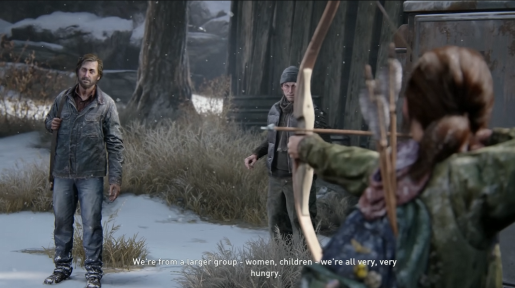 Элли из The Last of Us целится из лука во дворе