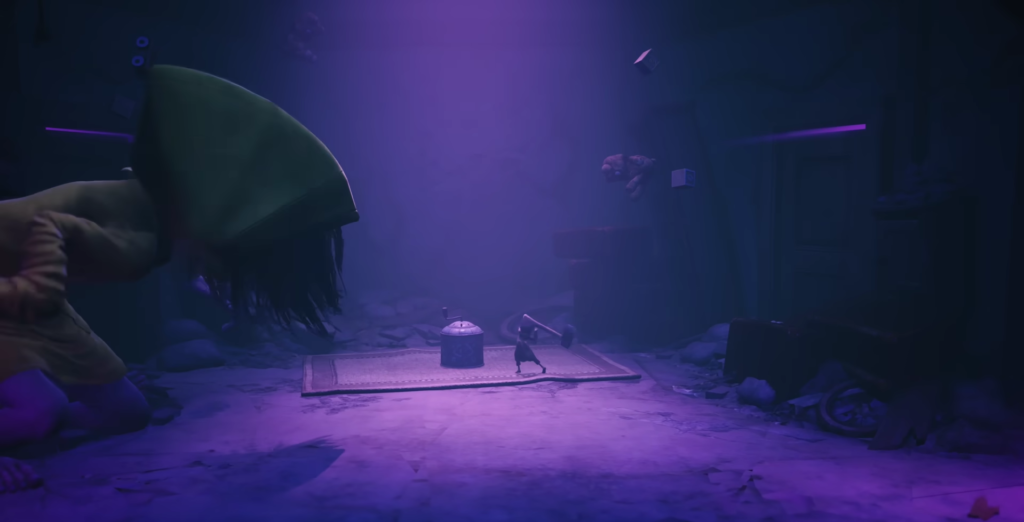 Шестая из Little Nightmares II крадется в фиолетовой комнате