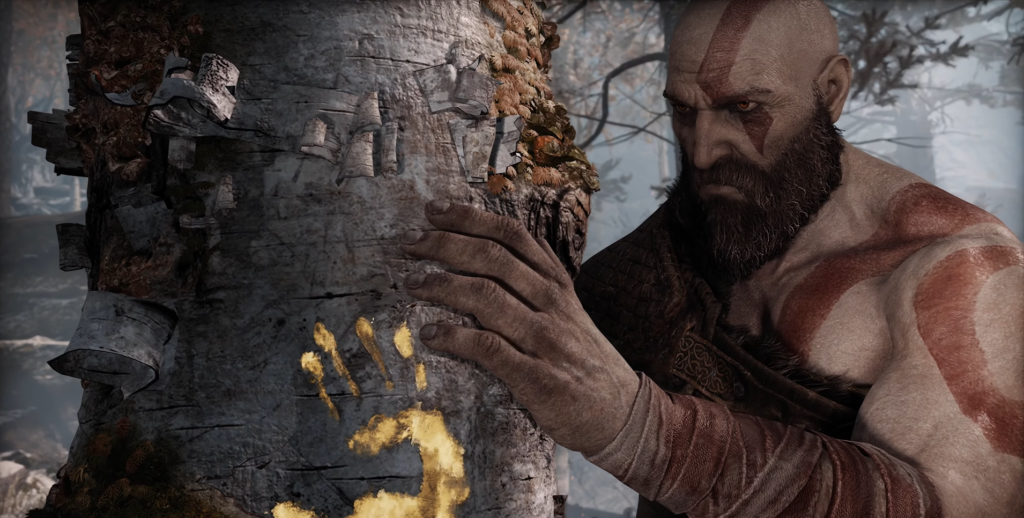 Кратос из God of War касается дерева в лесу