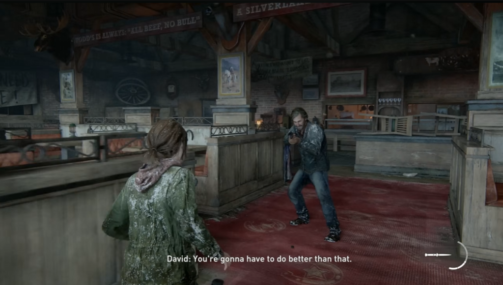 Элли из The Last of Us целится в Дэвида в ресторане