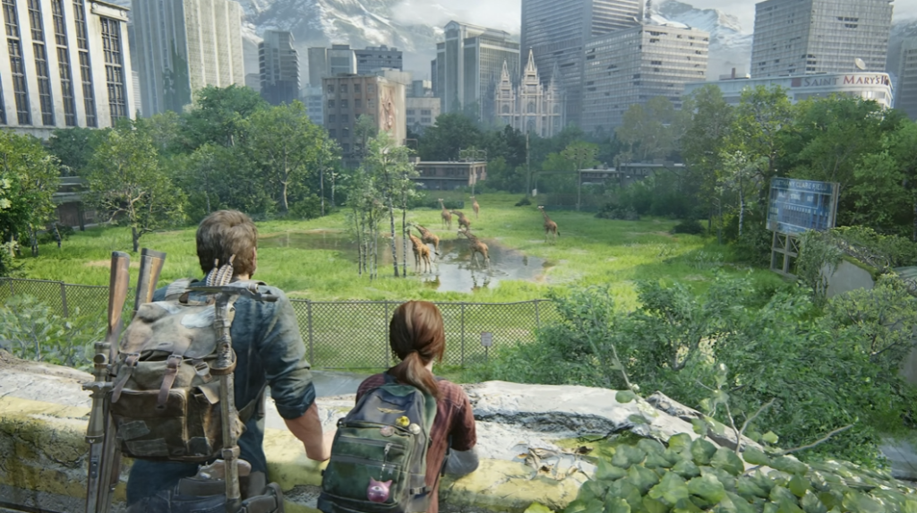 Джоэл и Элли смотрят на жирафов в городе The Last of Us