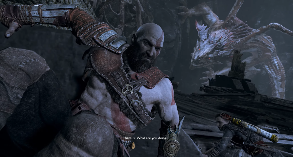 Warrior fights red monster in grassy mountain field