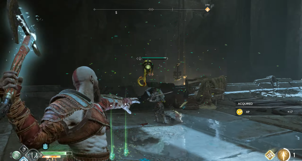 Warrior crouching near barrels in grassy clearing