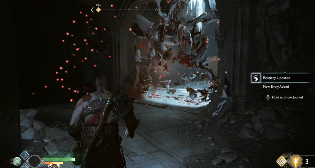 Player character observes blue hologram in dark ruins