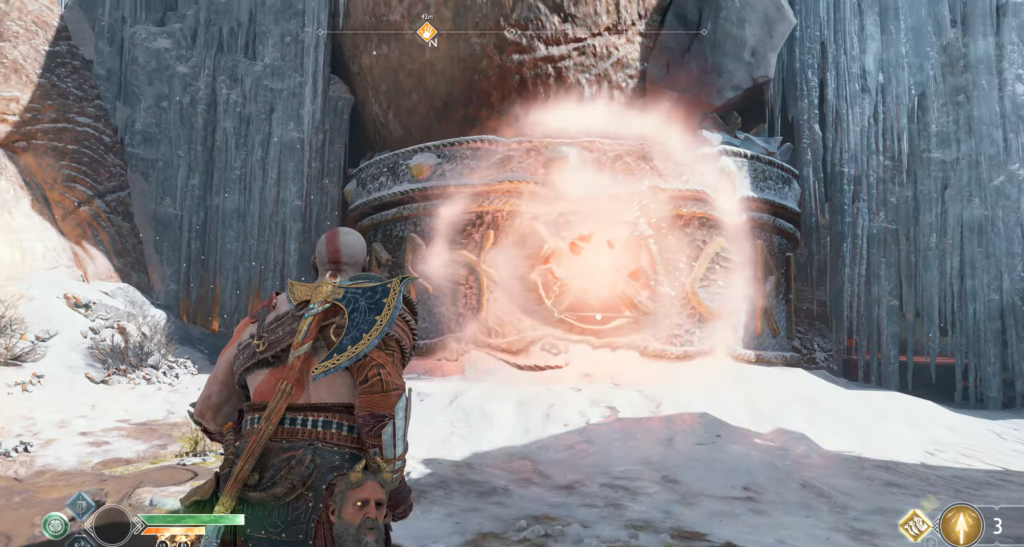 Armored warrior fights antler-helmet knight in ruins