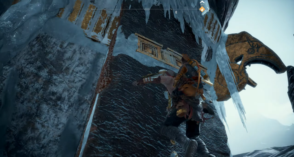 Atomic Heart player climbs building ledge near trees