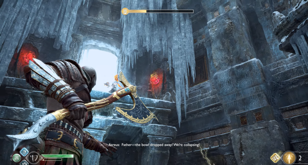 First-person shooter aiming pistol across flaming field