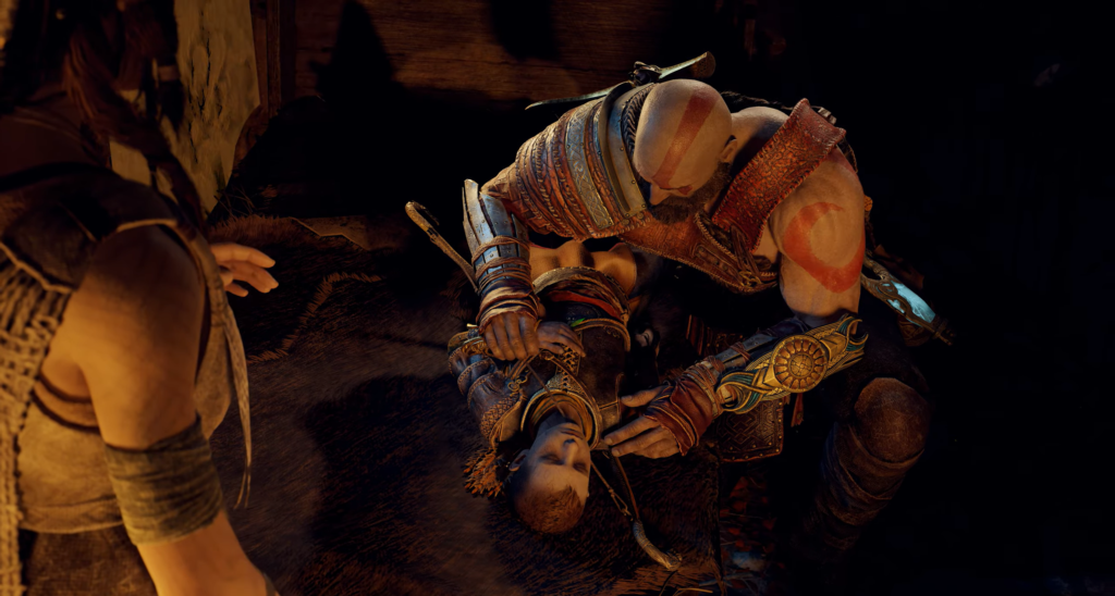 Кратос держит Атрея на полу в доме God of War