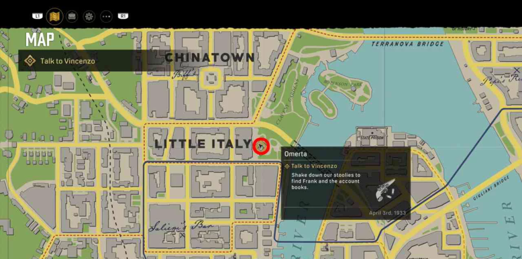 Карта Mafia: Definitive Edition показывает цель в Little Italy