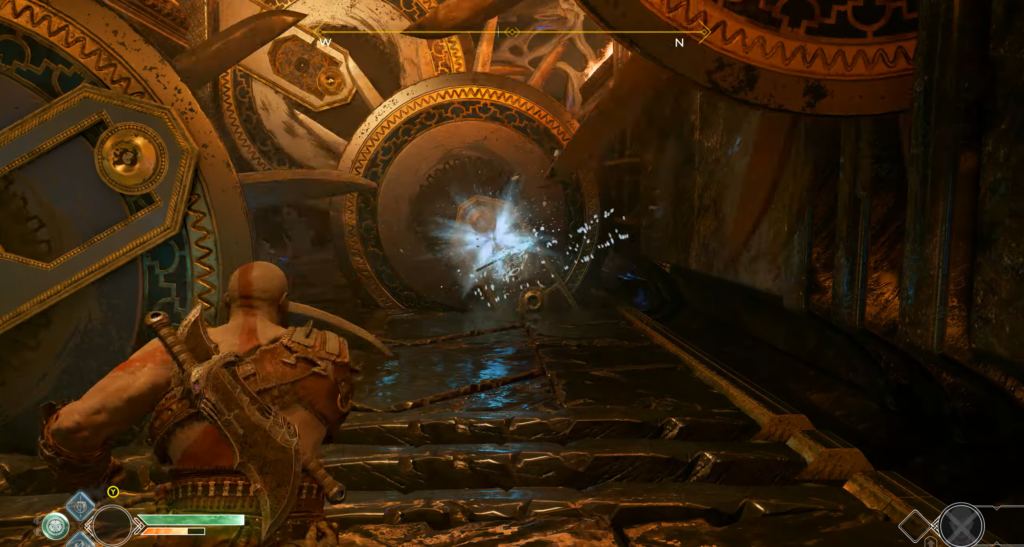 Player aims pistol in rocky flooded facility corridor