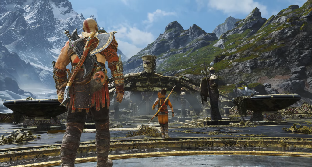 Armored warrior stands by river near waterfall cliffs