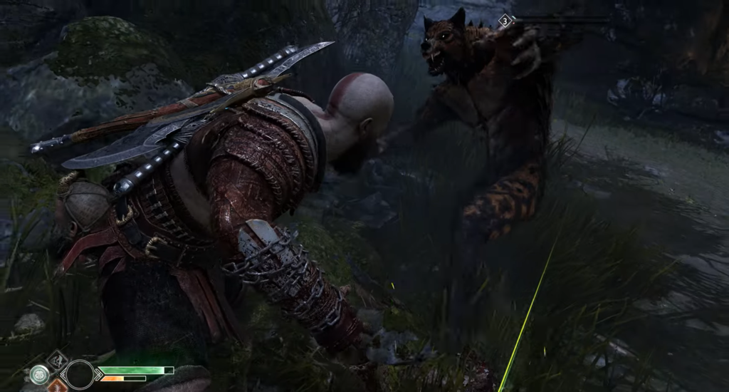 Кратос сражается с оборотнем в лесу God of War