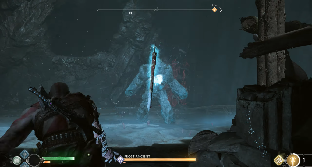 Кратос сражается с Frost Ancient в ледяной пещере