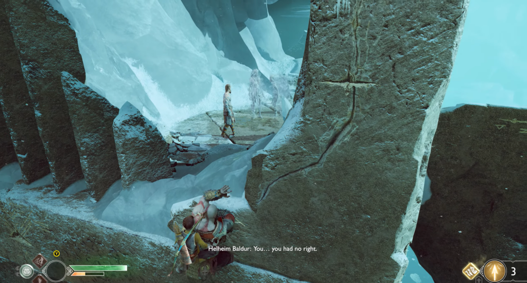Кратос и Атрей прячутся в ледяной пещере God of War