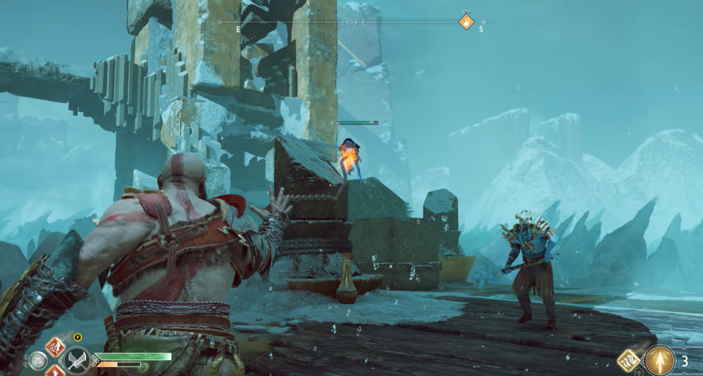 Кратос атакует врага в ледяных руинах God of War