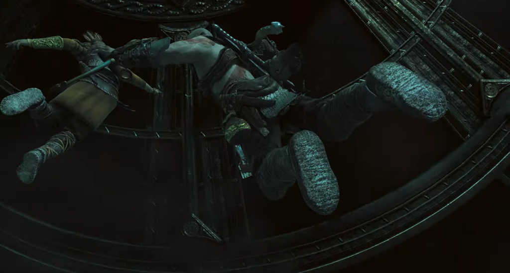 Кратос и Атрей падают в темной шахте God of War