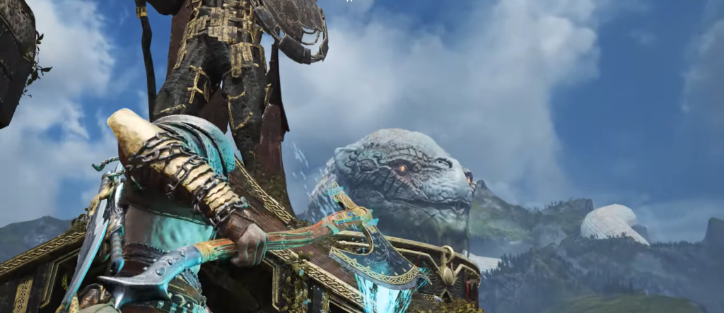 Кратос из God of War держит топор на фоне змеи