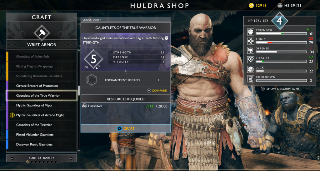 Кратос в God of War выбирает наручи в магазине