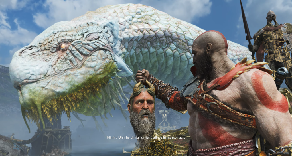 Кратос держит голову Мимира рядом с Йормунгандом, God of War