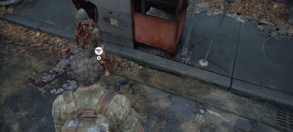Джоэл из The Last of Us осматривает труп на улице