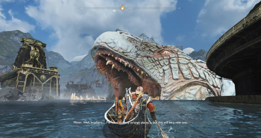 Кратос и Атрей плывут к пасти змея God of War