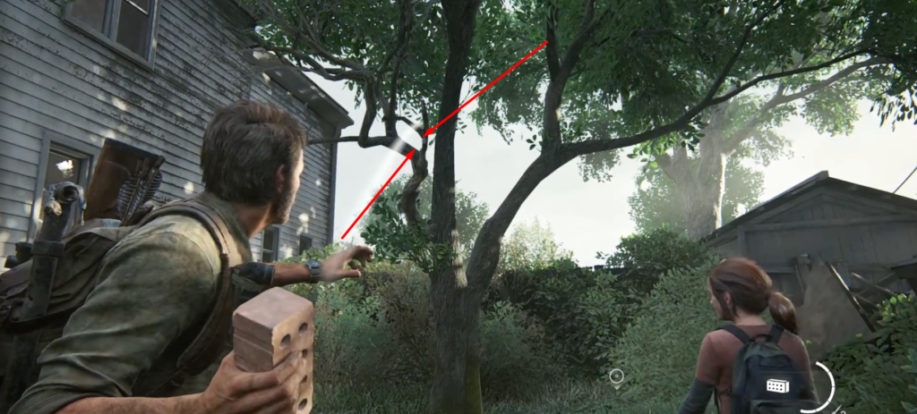 Джоэл бросает кирпич, Элли рядом во дворе The Last of Us