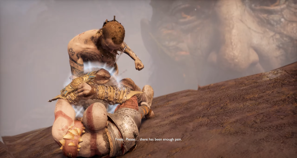 Кратос сражается с Бальдром на скале, God of War