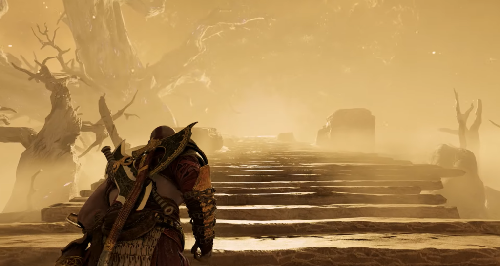 Кратос из God of War поднимается по ступеням в тумане