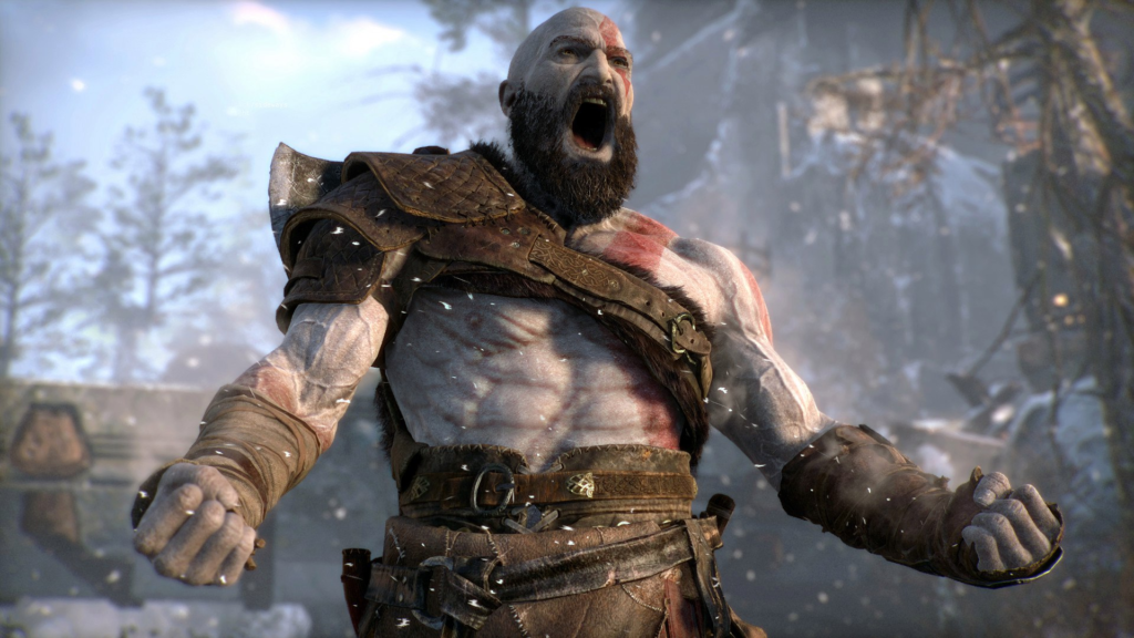 Кратос из God of War кричит в снегу