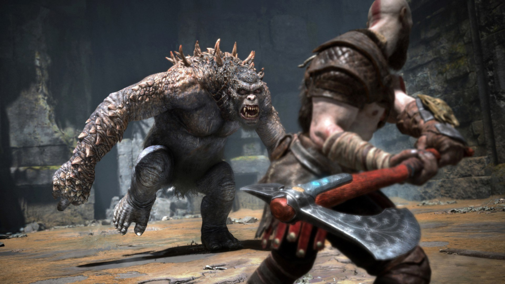 Кратос из God of War сражается с троллем в руинах
