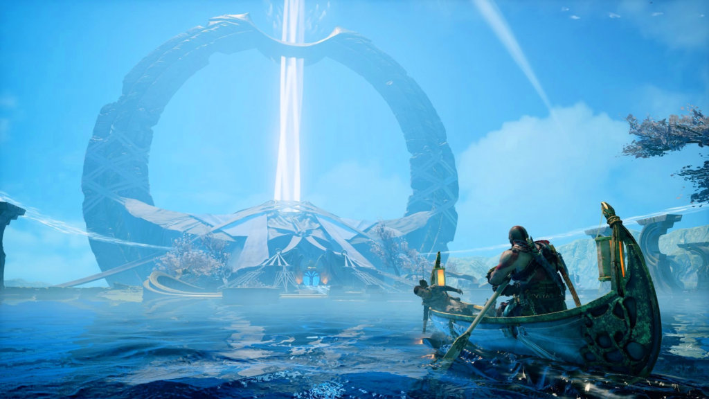 Кратос и Атрей плывут на лодке к кольцу God of War