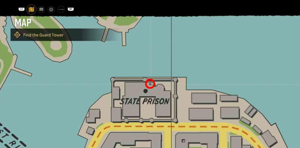 Карта с отмеченной точкой у State Prison на берегу