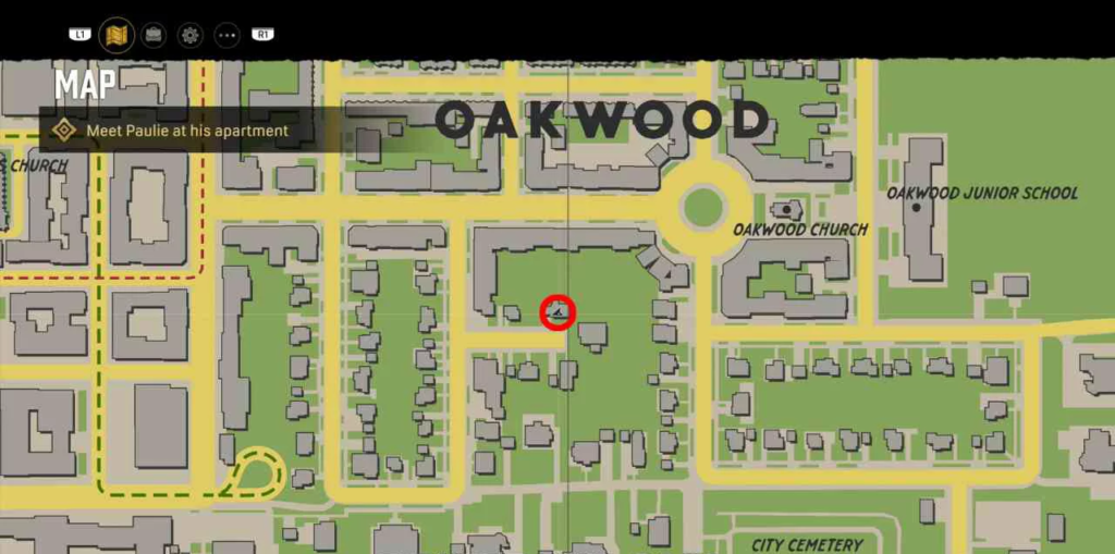 Карта Oakwood с отмеченной целью задания в игре
