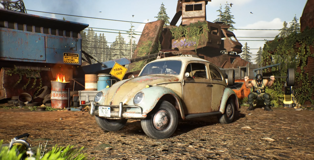 Ржавый Volkswagen Beetle стоит на свалке, мужчина приседает