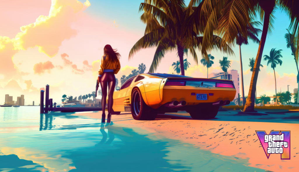 Женщина стоит у жёлтого авто на пляже GTA VI