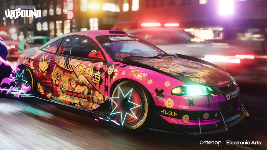 Розовый тюнингованный автомобиль мчится по ночному городу Need for Speed Unbound