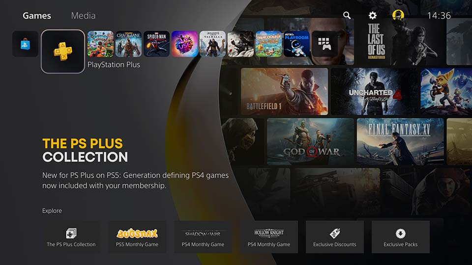 Меню PlayStation 5 показывает коллекцию PS Plus