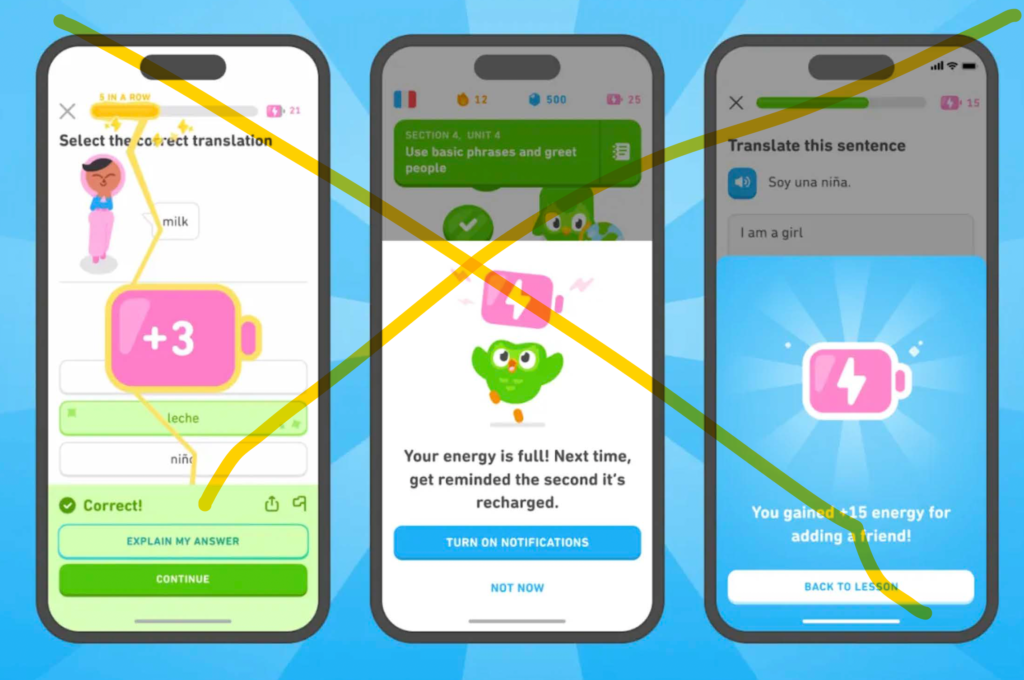 Экраны Duolingo с упражнениями перевода на смартфонах
