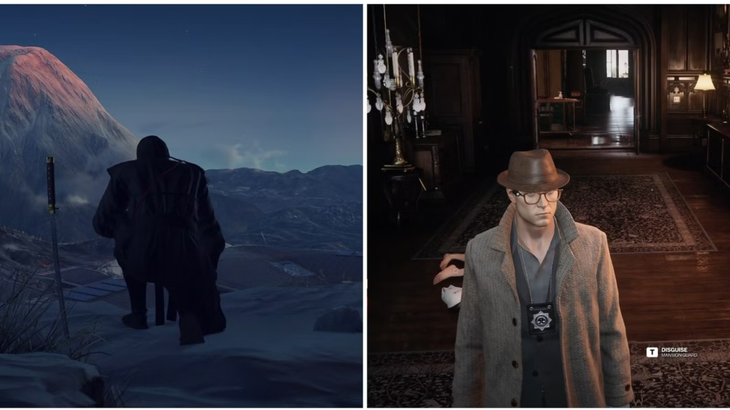 Агент 47 из Hitman идет по снегу и стоит в особняке