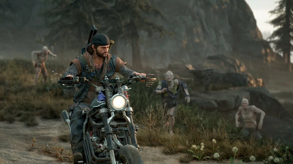 Дикон Сент-Джон из Days Gone едет на мотоцикле в лесу