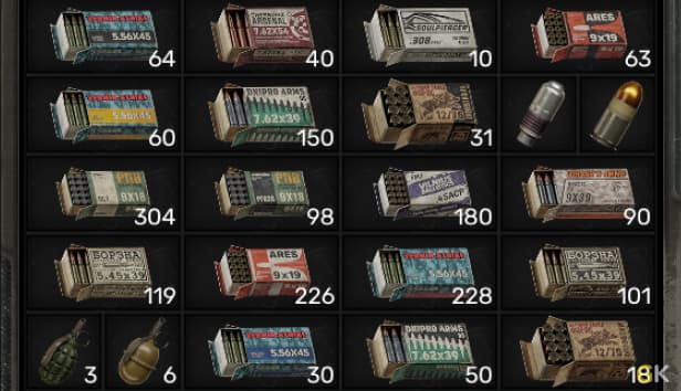 Боеприпасы и гранаты в инвентаре игры Escape from Tarkov